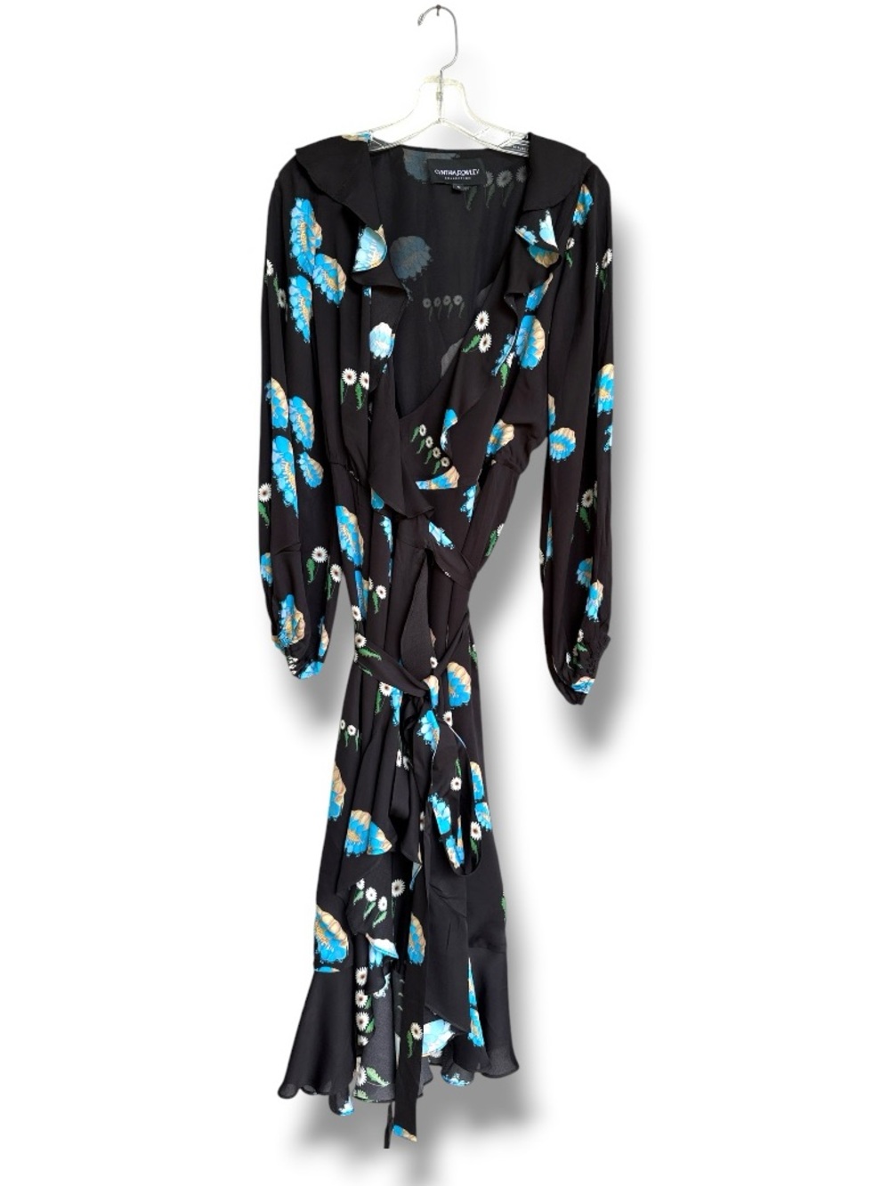 Cynthia Rowley Eve Black Floral Print Wrap Dress W Ruffle Trim Size Medium - Picture 2 of 13